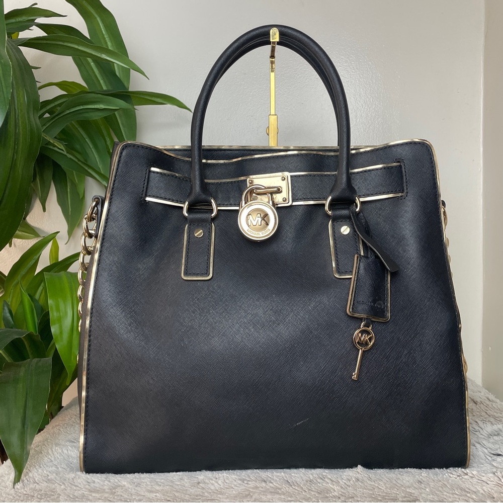 MICHAEL KORS Hamilton Black Saffiano leather gold trim Handbag/Tote